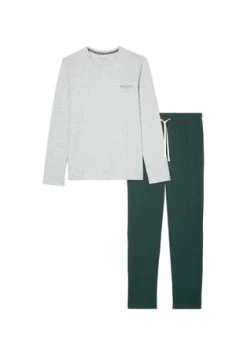 Marc O'Polo Herren Schlafanzug - LOUNGESET, Rundhals, Baumwolle, Langarm Grau/ Grün