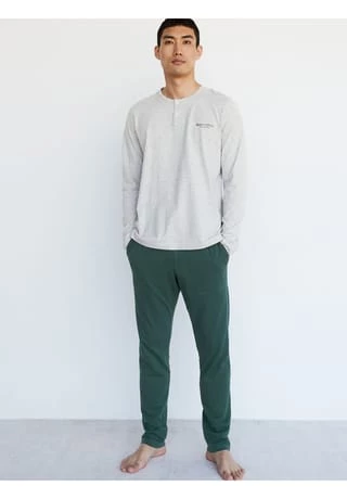 Marc O'Polo Herren Schlafanzug - LOUNGESET, Rundhals, Baumwolle, Langarm Grau/ Grün 2 Marc O'Polo Herren Schlafanzug - LOUNGESET, Rundhals, Baumwolle, Langarm Grau/ Grün – Bild 2