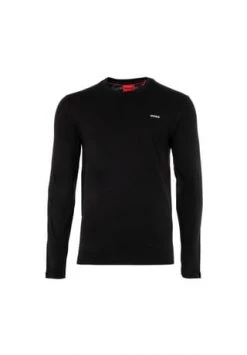 HUGO Herren Longsleeve - DEROL222, Rundhals, Langarm Shirt, Logo-Print, Baumwoll Schwarz