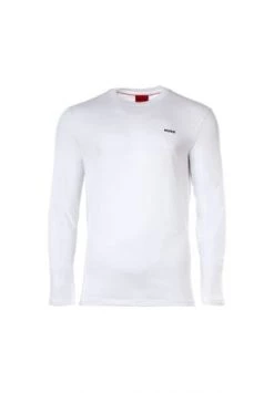 HUGO Herren Longsleeve - DEROL222, Rundhals, Langarm Shirt, Logo-Print, Baumwoll Weiß