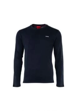 HUGO Herren Longsleeve - DEROL222, Rundhals, Langarm Shirt, Logo-Print, Baumwoll Blau