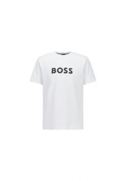 BOSS Herren T-Shirt Kurzarm - T-Shirt RN, Rundhals, Großer Logodruck, UV-Protection, Baumwolle Weiß