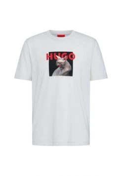 HUGO Herren T-Shirt - Dhynx, Katzenprint , Rundhals, Kurzarm, Logo, Baumwolle Weiß