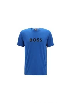 BOSS Herren T-Shirt Kurzarm - T-Shirt RN, Rundhals, Großer Logodruck, UV-Protection, Baumwolle Mittelblau
